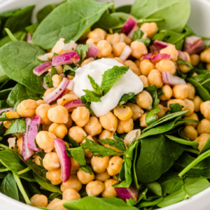 pinterest image for chickpea and spinach salad