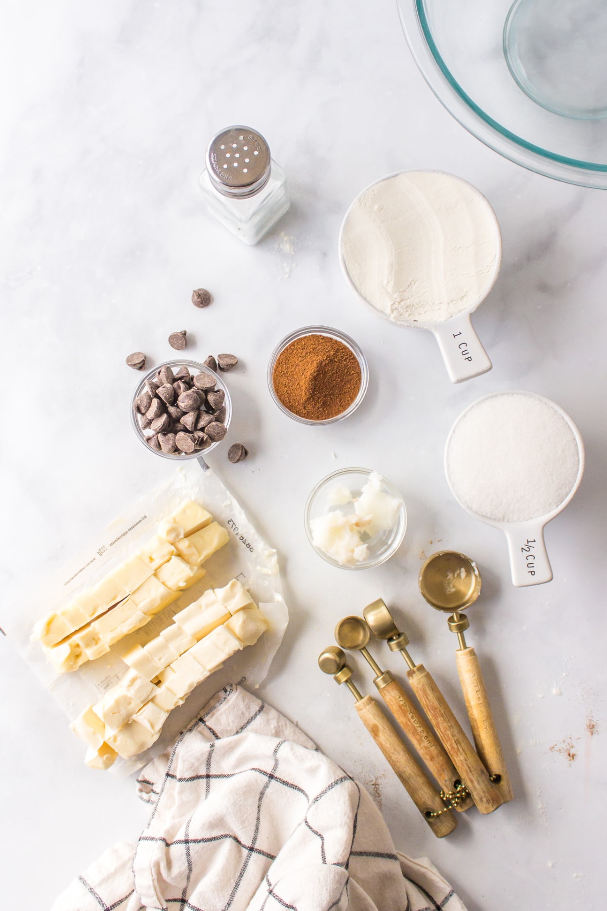 ingredients displayed for making chocolate dipped espresso shortbread cookies