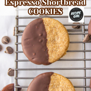 pinterest image for chocolate dipped espresso shortbread cookies