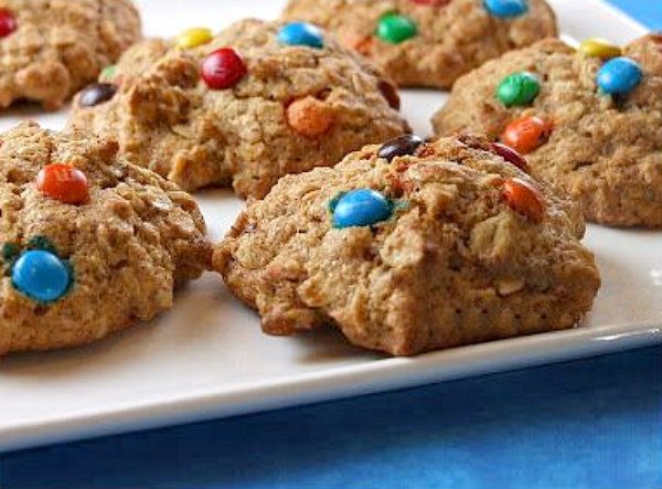 Agave and Honey Oatmeal M&M Cookies on a white platter