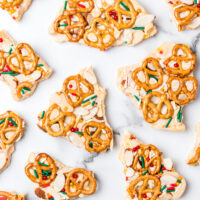 several pieces of fudgy eggnog pretzel bark