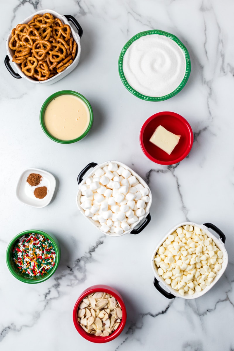 ingredients displayed for making fudgy eggnog pretzel bark