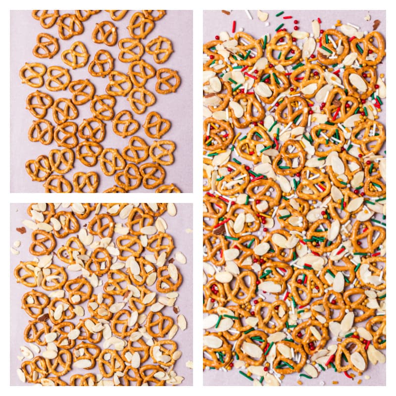 three photos showing how to lay out pretzels and almonds for fudgy eggnog pretzel bark