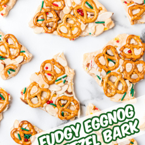 pinterest image for fudgy eggnog pretzel bark