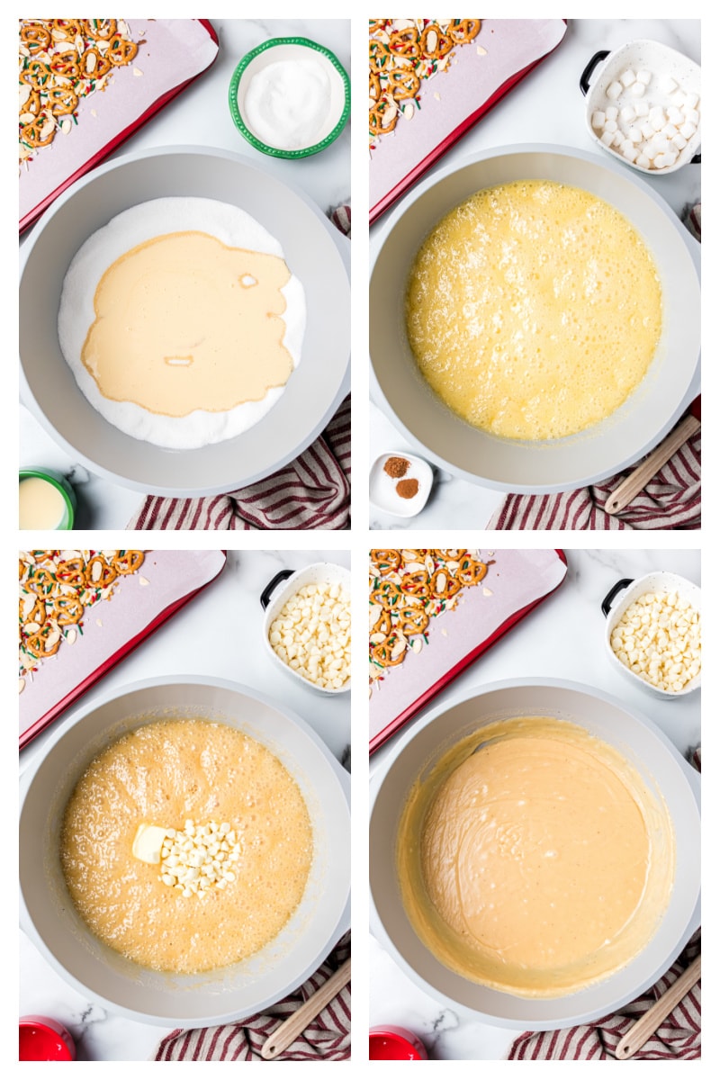 four photos showing how to make white chocolate for pretzel bark