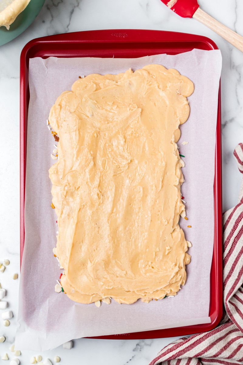 fudgy eggnog pretzel bar on pan before cutting