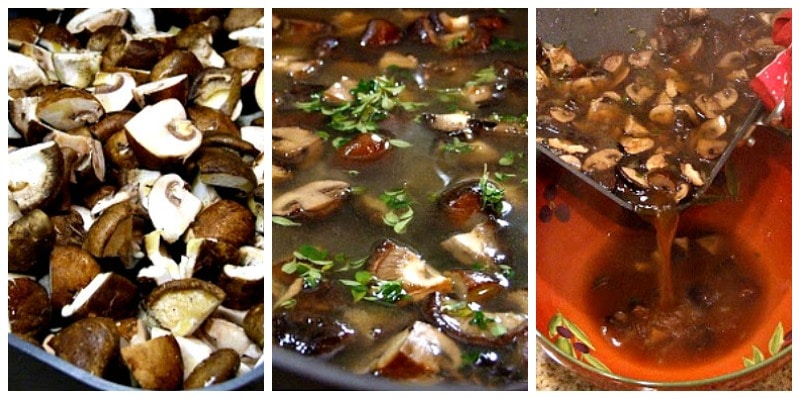 three pics showing process of starting to make mushroom soup