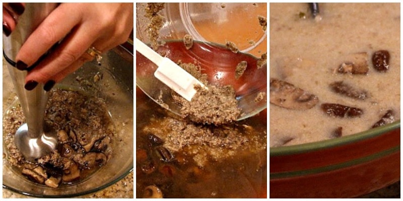 three pics showing process of pureeing mushroom soup