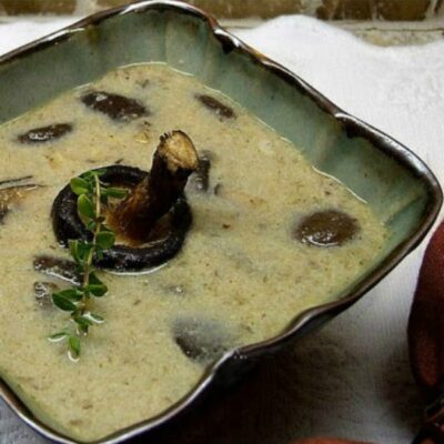 oven roasted mushroom soup in a square bowl