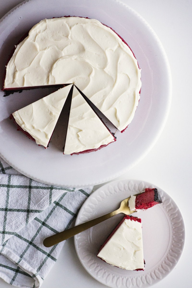 Red Velvet Cheesecake cut into slices