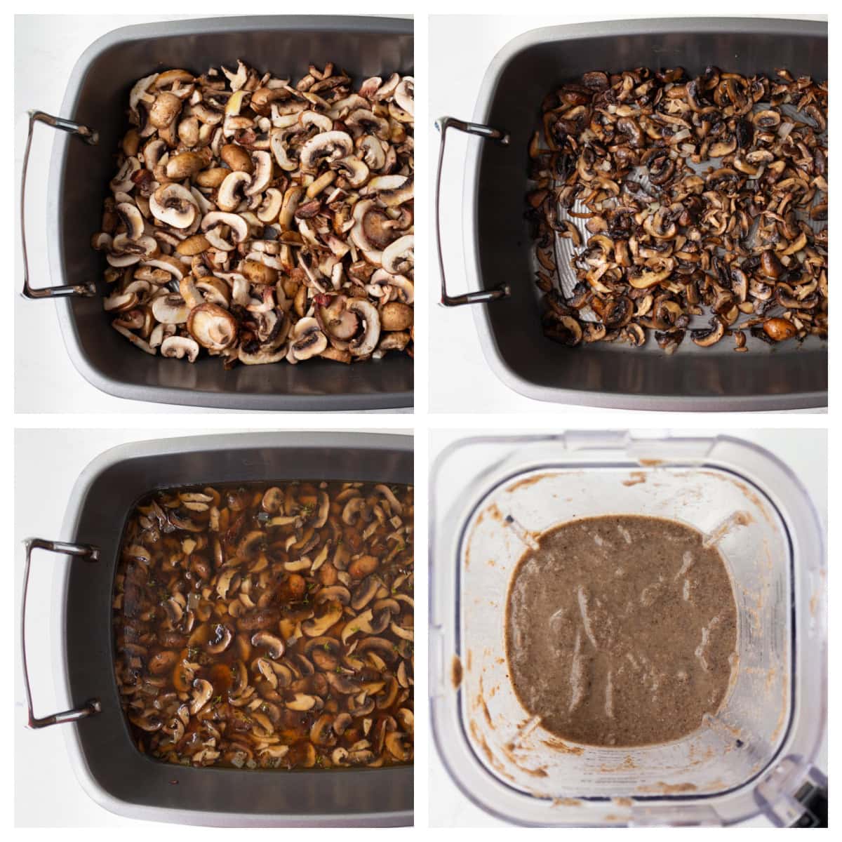If you love mushrooms, you need to try this Roasted Mushroom Soup! Shiitake and cremini mushrooms are roasted to bring out their rich, earthy flavor, then combined with white wine, fresh thyme and a touch of cream. A delicious homemade soup for fall, winter or any cozy dinner! four photos showing how to make roasted mushroom soup