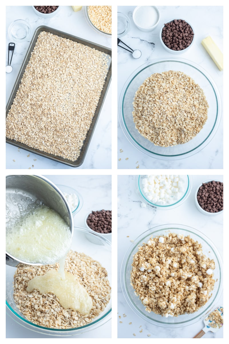 four photos showing how to make s'mores granola bars