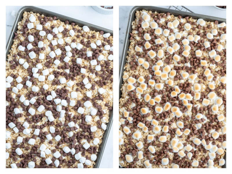 two sheets of s'mores granola bars before and after baking