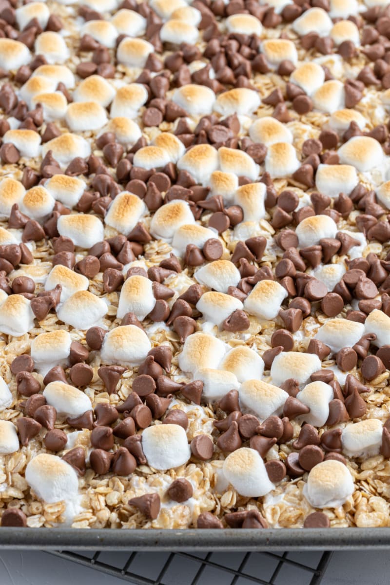s'mores granola bars on a baking sheet before cutting into bars