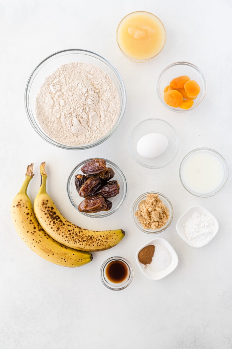 ingredients displayed for making healthy whole wheat banana bread