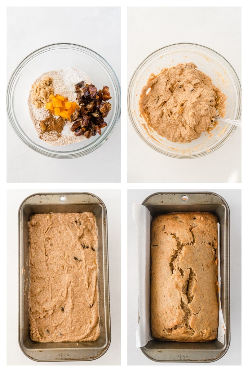 four photos showing how to make whole wheat healthy banana bread