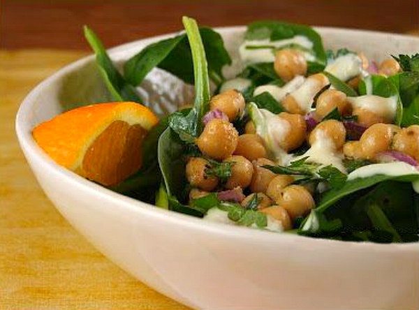 Chickpea and Spinach Salad with Cumin Dressing recipe by RecipeGirl.com