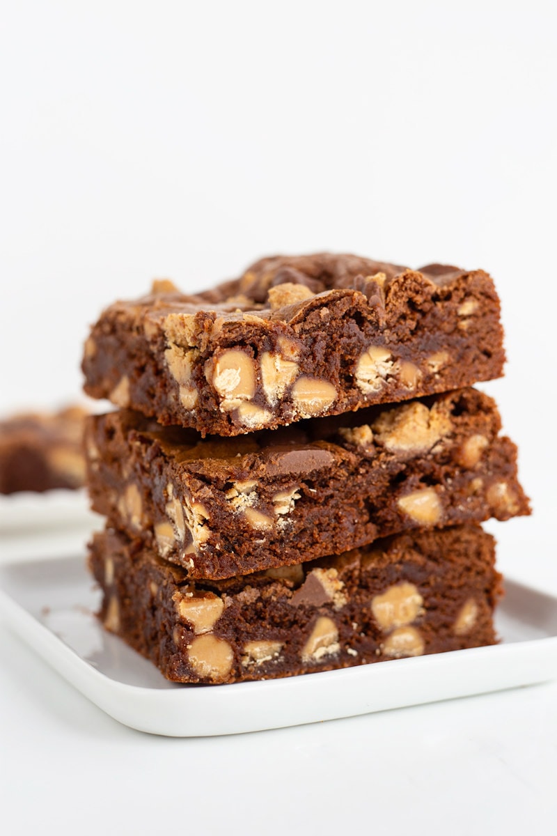 stack of Peanut Butter Cup Brownies