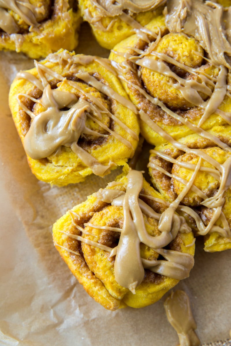 Amish Pumpkin Cinnamon Rolls drizzled with Caramel Icing