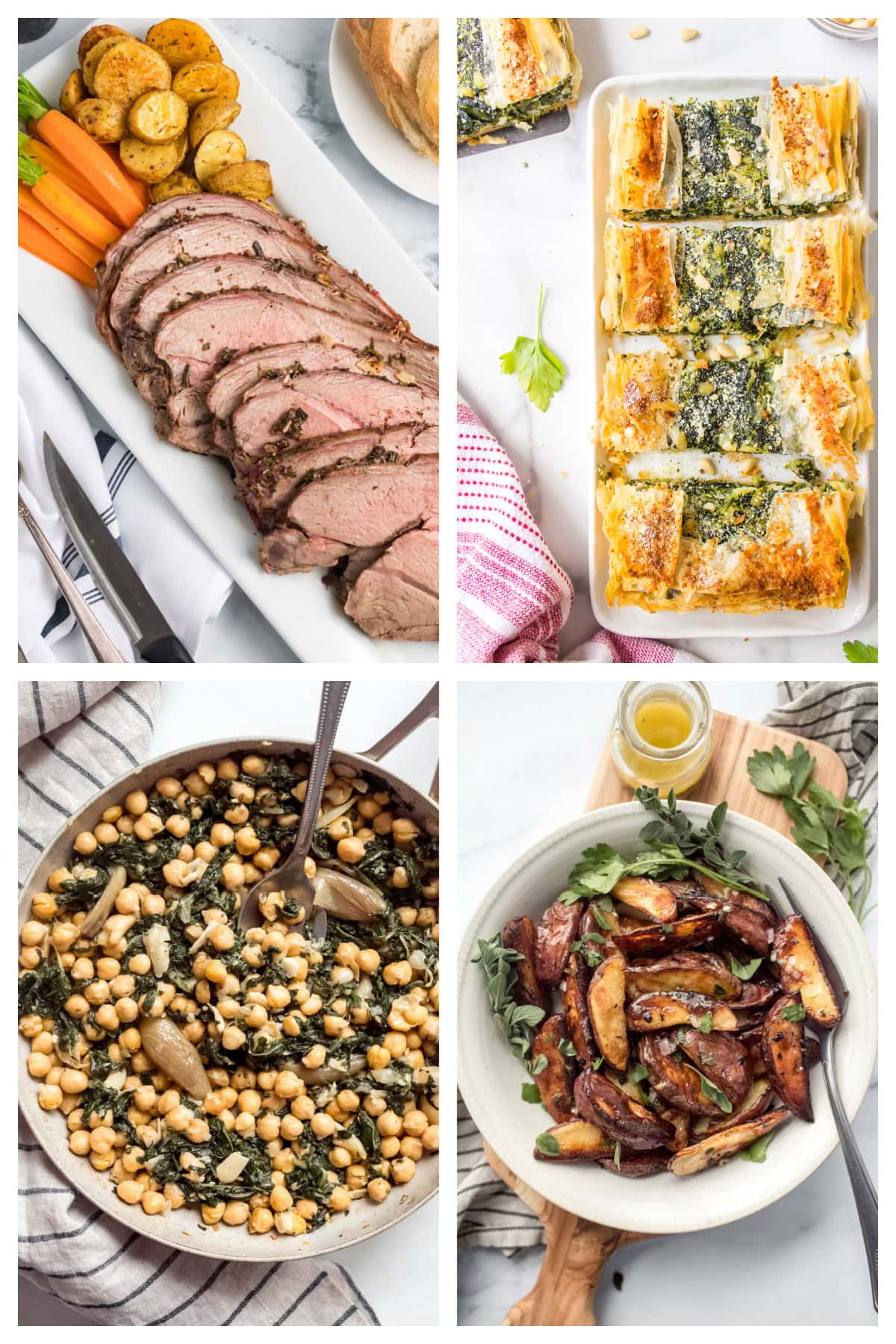 four photos of greek sides and main dishes