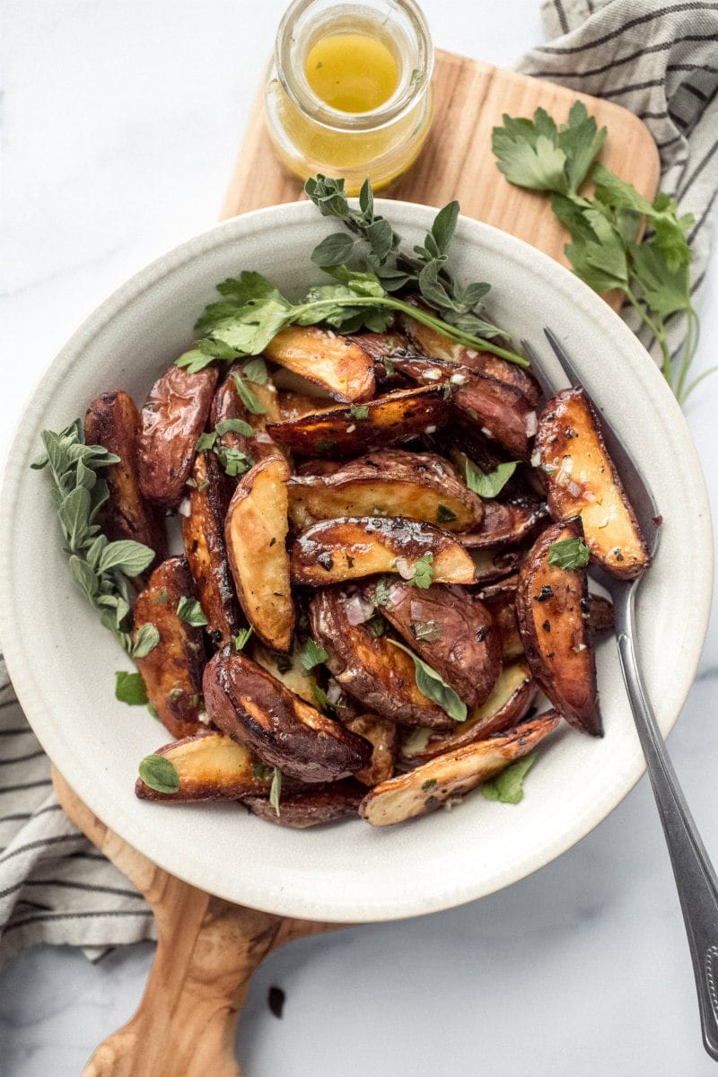 greek potatoes in a bowl