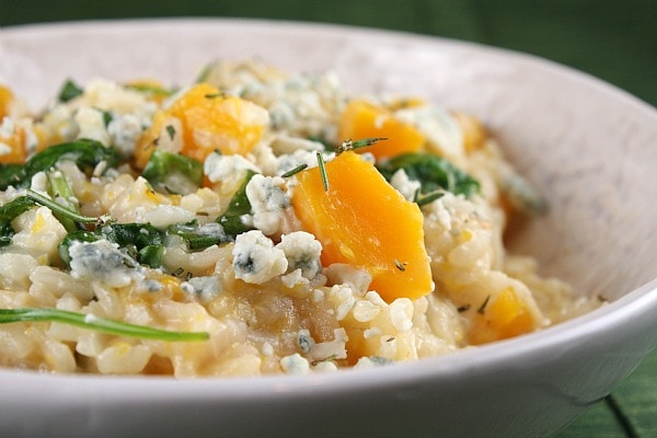 Butternut Squash Risotto with Rosemary and Blue Cheese in a white bowl