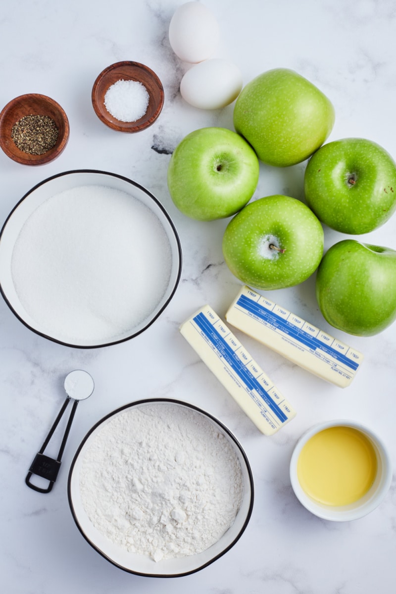 ingredients displayed for making caramelized apple tart