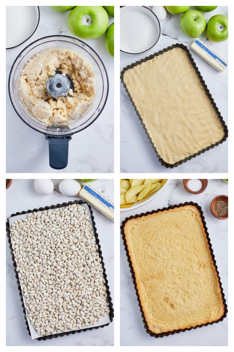 four photos showing how to make tart dough and then pressed in pan and baked