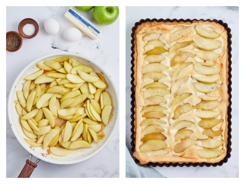 two photos showing apples cooking pan and then apple tart fresh out of oven