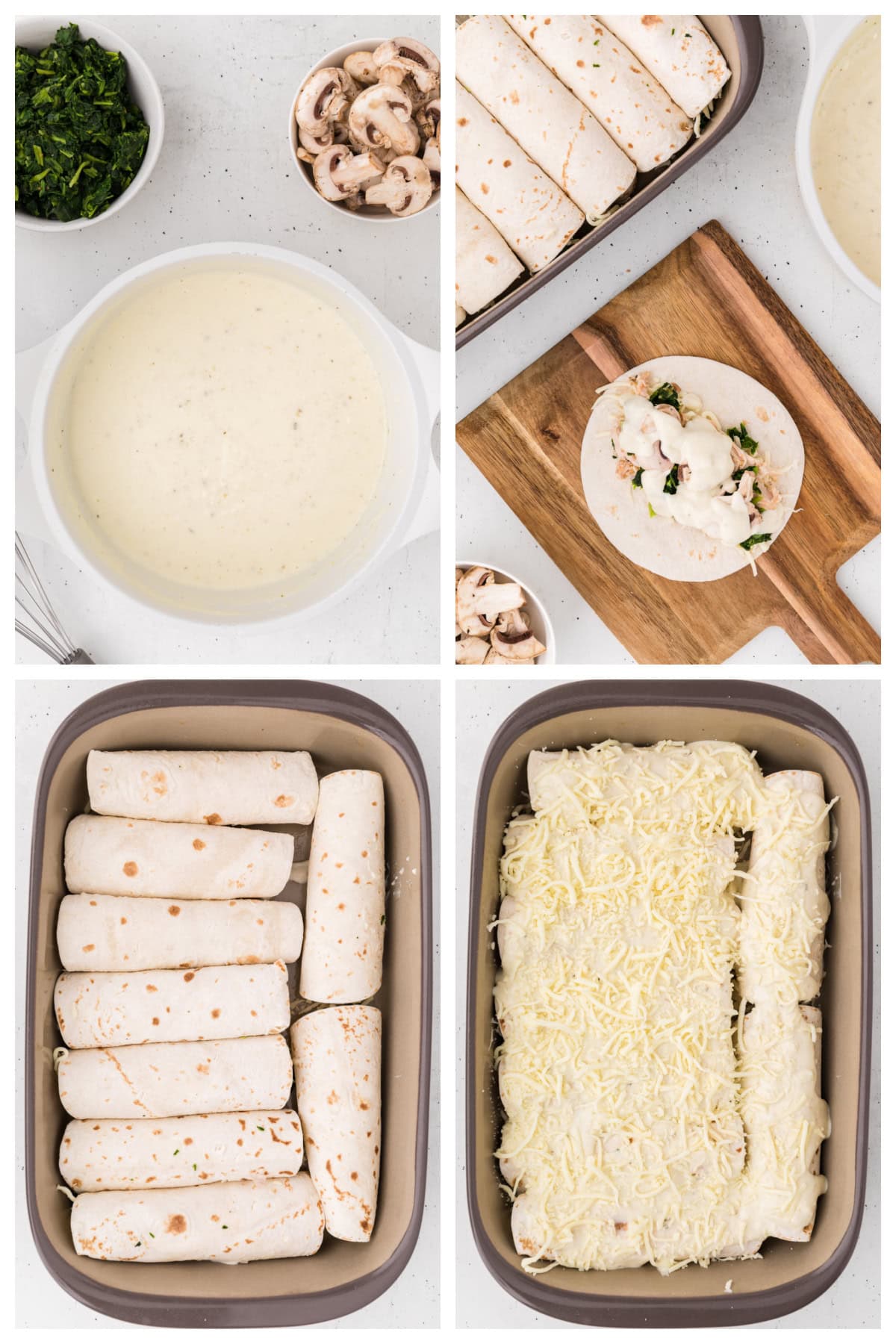 four photos showing how to assemble creamy chicken spinach and mushroom enchiladas