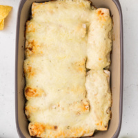 creamy chicken spinach and mushroom enchiladas in pan