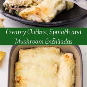 pinterest pin for creamy chicken spinach and mushroom enchiladas