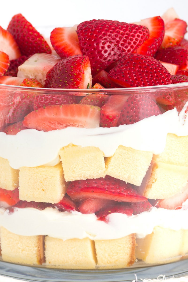 layered strawberry trifle in a glass trifle dish