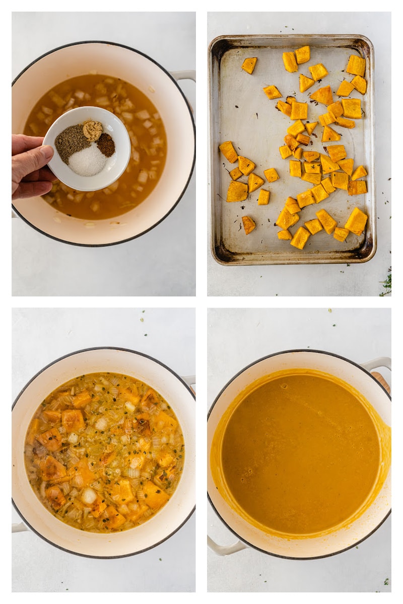 four photos showing how to make roasted pumpkin bisque