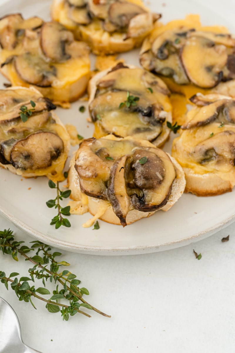 mushroom gruyere crostini on a plate