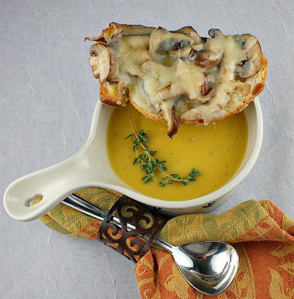 Bowl of Roasted Pumpkin Bisque with Mushroom- Gruyere Crostini