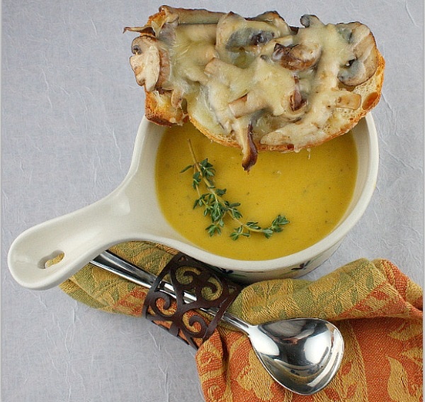 Roasted Pumpkin Bisque with Mushroom Gruyere Crostini