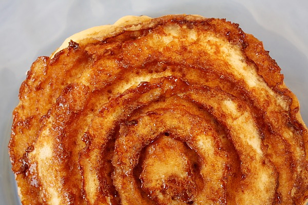 Close up of Cinnamon Roll Pancakes before adding glaze