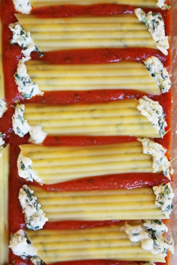 Spinach and Cheese Stuffed Manicotti ready for the oven