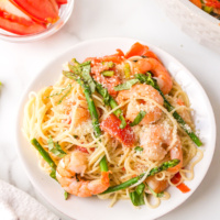 serving of angel hair pasta with shrimp on a plate