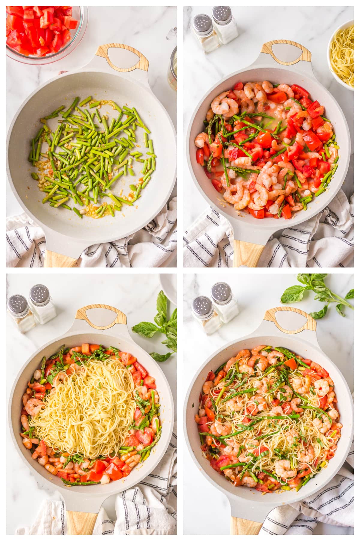 four photos showing how to make angel hair pasta with shrimp