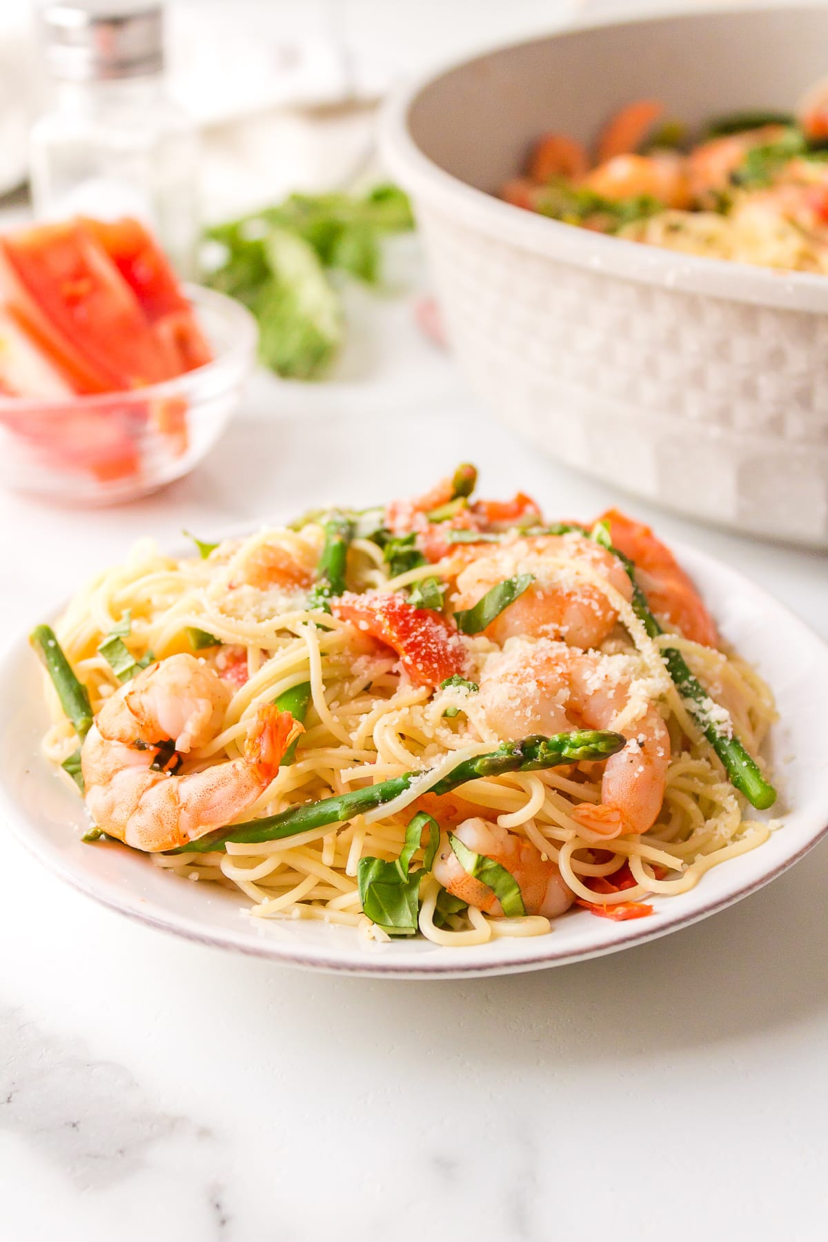 plate of angel hair pasta with shrimp