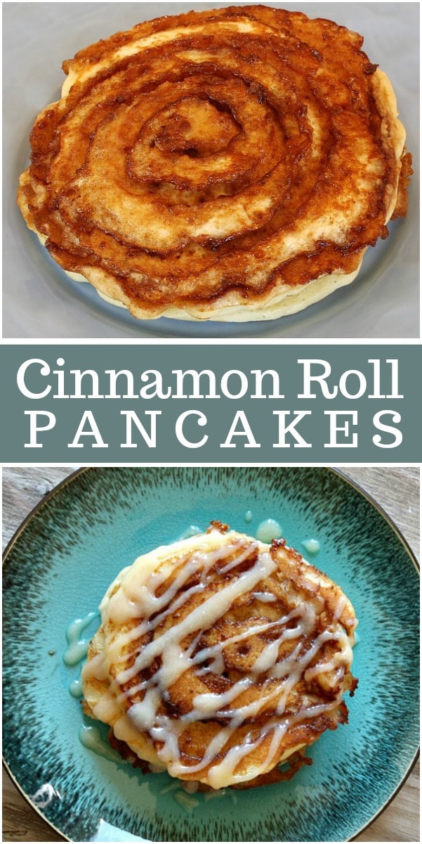 Cinnamon Roll Pancakes recipe from RecipeGirl.com #cinnamonroll #pancakes #recipe #RecipeGirl