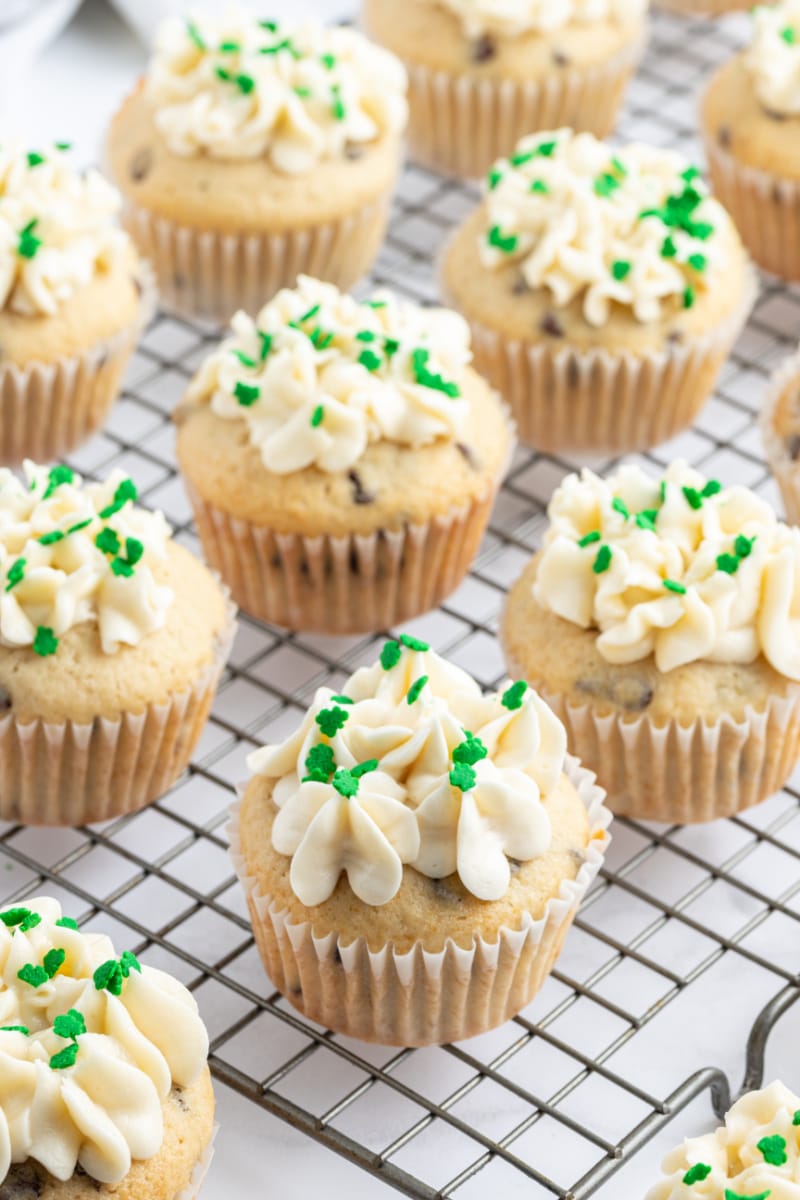 irish cream cupcakes on a cooling rack