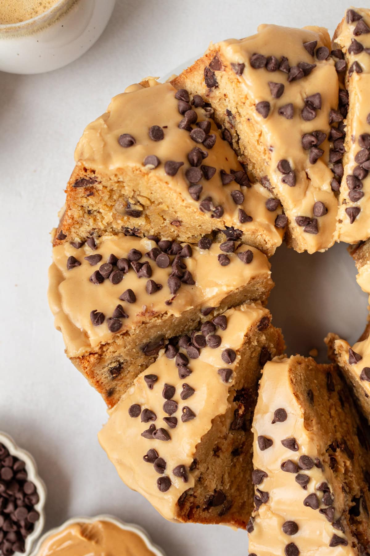 peanut butter pound cake with chocolate chips sliced