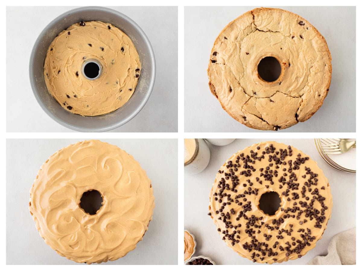 four photos showing how to make peanut butter pound cake