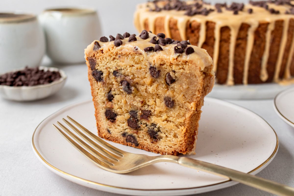 slice of peanut butter chocolate chip pound cake on plate