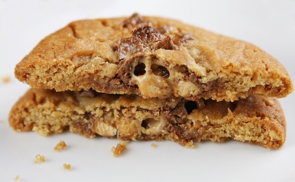 Snickers Bar Cookies broken in half