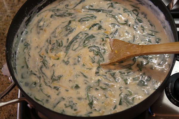 Spinach Mac n' Cheese 11 stir sauce in pan