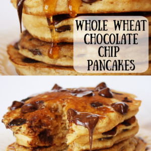 pinterest image for whole wheat chocolate chip pancakes